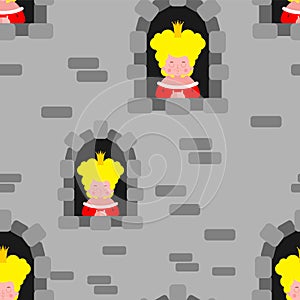 Princesses in windowÃÂ pattern seamless. Castle windows background cartoon vector texture photo